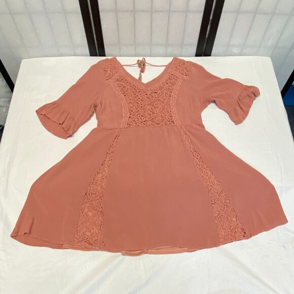 Maurices Ruffled 3/4 Sleeve V Neck Crochet Bodice Open Back Tie Crinkle Dress L - Picture 8 of 14